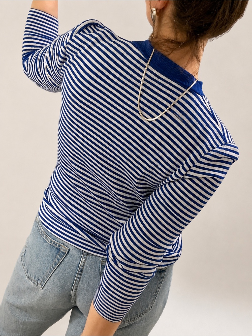 VTG Blue White Stripe V Neck Knit Pullover Sweater Jumper Academia Prep XS S M - Picture 5 of 16
